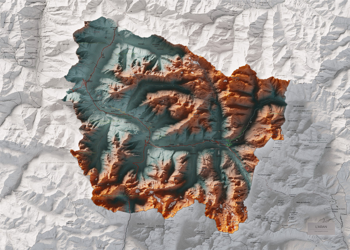 Mapa de relieve de Aran, con el territorio en color y el entorno en blanco. Vista completa de la lámina. 50 × 70 cm. Estilo Azul y naranja. Agua del mapa en blanco.