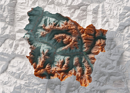 Mapa de relleu d’Aran, amb el territori en color i l’entorn en blanc. Vista completa de la làmina. 50 × 70 cm. Estil Contrastat. Aigua del mapa en blanc.