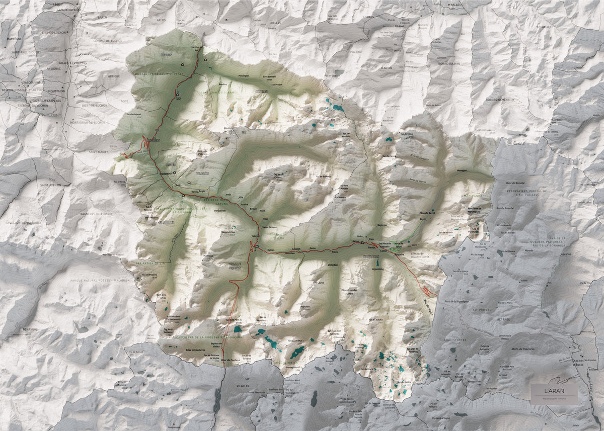 Mapa de relieve de Aran, con el territorio en color y el entorno en blanco. Vista completa de la lámina. 50 × 70 cm. Estilo Cartográfico.