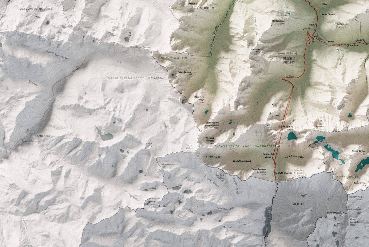 Mapa de relieve de Aran, con el territorio en color y el entorno en blanco. Detalle de la zona inferior izquierda. 61 × 91 cm. Estilo Cartográfico.