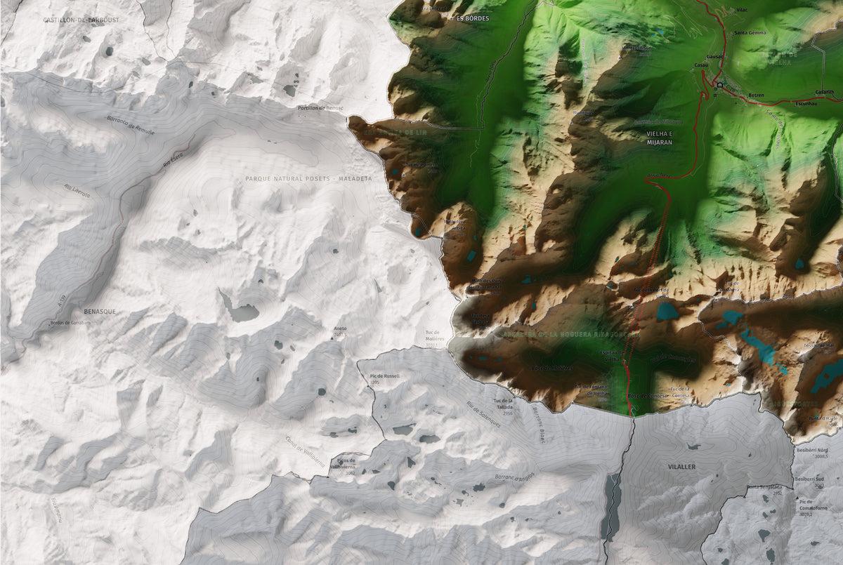 Mapa de relieve de Aran, con el territorio en color y el entorno en blanco. Detalle de la zona inferior izquierda. 61 × 91 cm. Estilo Clásico.
