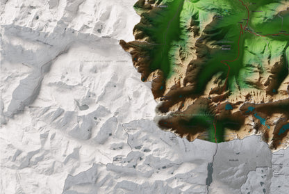 Mapa de relieve de Aran, con el territorio en color y el entorno en blanco. Detalle de la zona inferior izquierda. 61 × 91 cm. Estilo Clásico.