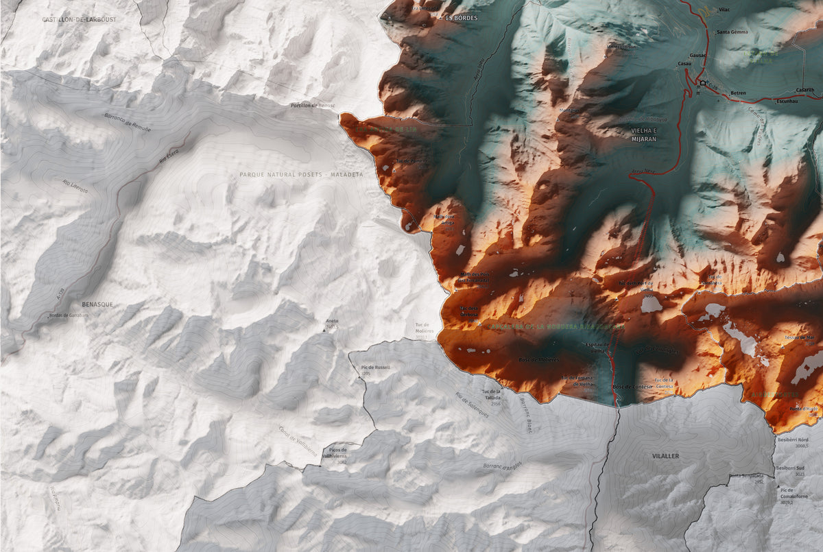 Mapa de relieve de Aran, con el territorio en color y el entorno en blanco. Detalle de la zona inferior izquierda. 61 × 91 cm. Estilo Azul y naranja. Agua del mapa en blanco.