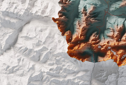Mapa de relieve de Aran, con el territorio en color y el entorno en blanco. Detalle de la zona inferior izquierda. 61 × 91 cm. Estilo Azul y naranja. Agua del mapa en blanco.