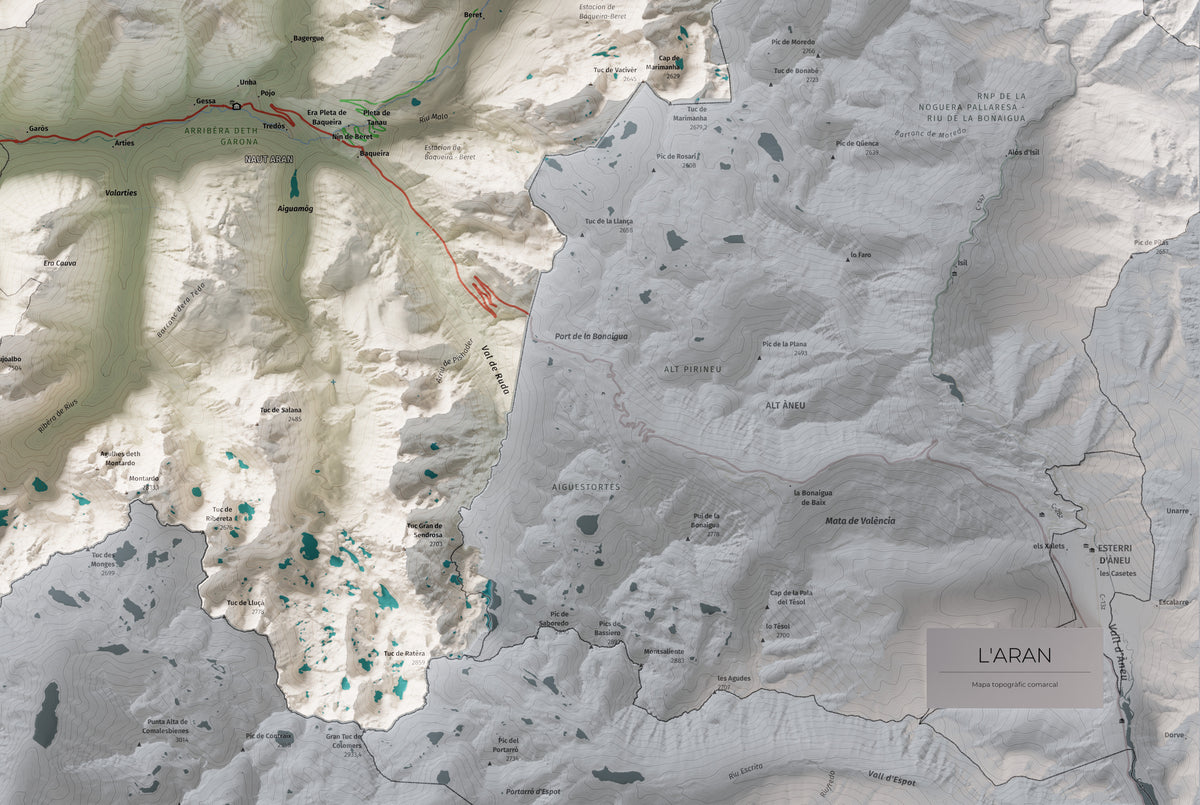Mapa de relieve de Aran, con el territorio en color y el entorno en blanco. Detalle de la zona inferior derecha. 61 × 91 cm. Estilo Cartográfico.