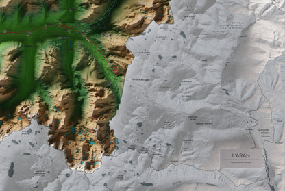 Mapa de relieve de Aran, con el territorio en color y el entorno en blanco. Detalle de la zona inferior derecha. 61 × 91 cm. Estilo Clásico.
