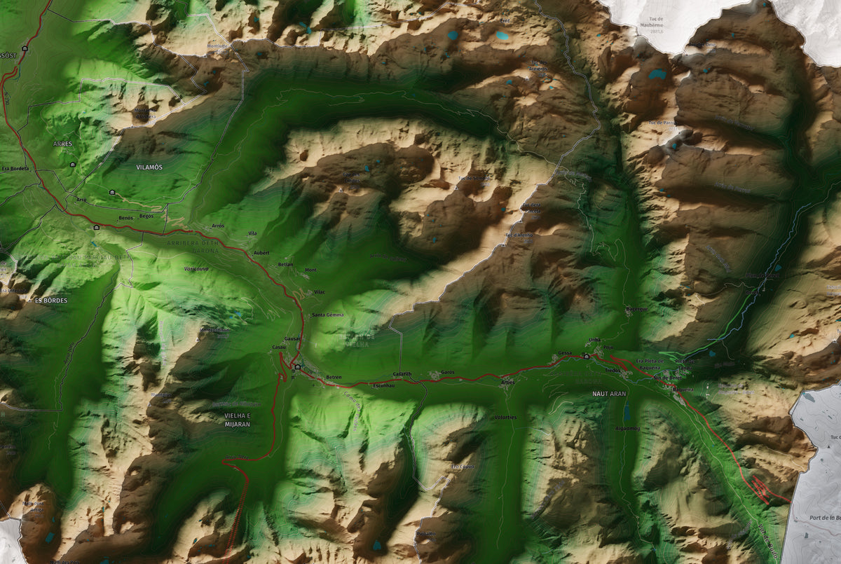 Mapa de relieve de Aran, con el territorio en color y el entorno en blanco. Detalle de la zona central. 61 × 91 cm. Estilo Clásico.