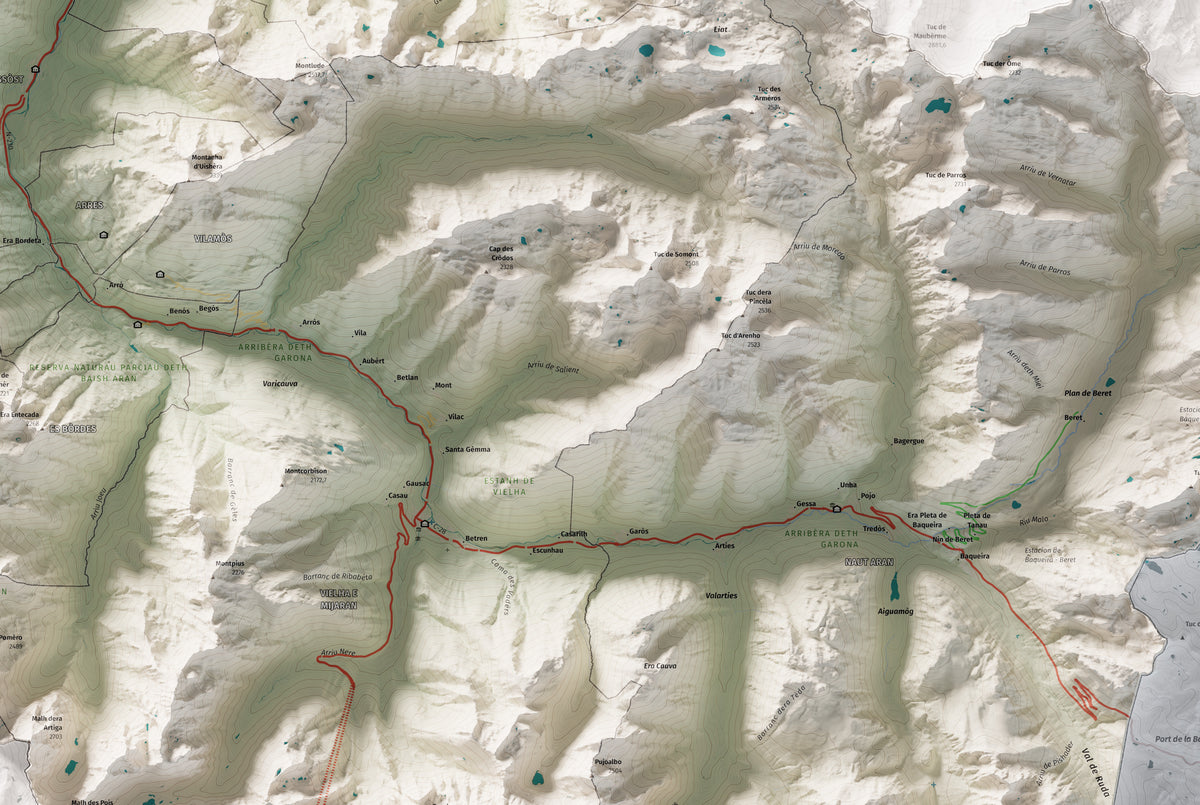 Mapa de relieve de Aran, con el territorio en color y el entorno en blanco. Detalle de la zona central. 61 × 91 cm. Estilo Cartográfico.