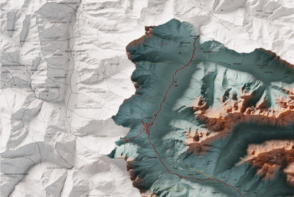 Mapa de relieve de Aran, con el territorio en color y el entorno en blanco. Detalle de la zona superior izquierda. 61 × 91 cm. Estilo Azul y naranja. Agua del mapa en blanco.