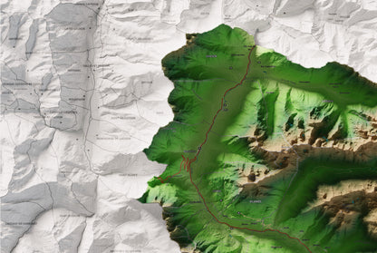 Mapa de relieve de Aran, con el territorio en color y el entorno en blanco. Detalle de la zona superior izquierda. 61 × 91 cm. Estilo Clásico.