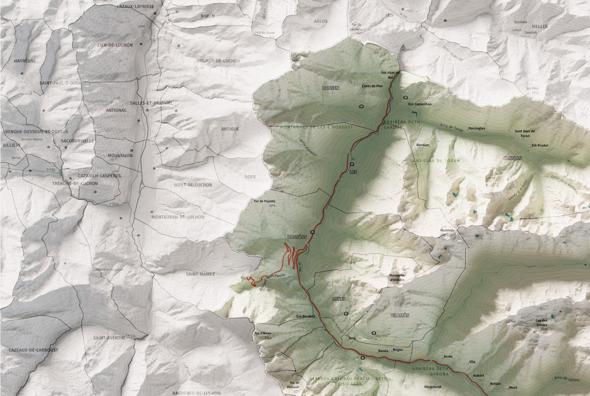 Mapa de relieve de Aran, con el territorio en color y el entorno en blanco. Detalle de la zona superior izquierda. 61 × 91 cm. Estilo Cartográfico.