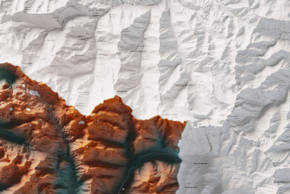 Mapa de relieve de Aran, con el territorio en color y el entorno en blanco. Detalle de la zona superior derecha. 61 × 91 cm. Estilo Azul y naranja. Agua del mapa en blanco.