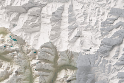 Mapa de relieve de Aran, con el territorio en color y el entorno en blanco. Detalle de la zona superior derecha. 61 × 91 cm. Estilo Cartográfico.