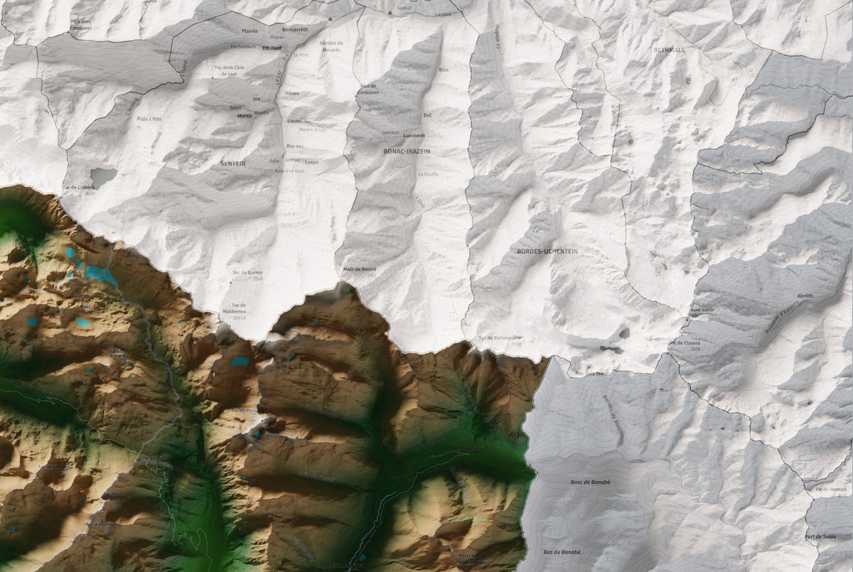 Mapa de relieve de Aran, con el territorio en color y el entorno en blanco. Detalle de la zona superior derecha. 61 × 91 cm. Estilo Clásico.