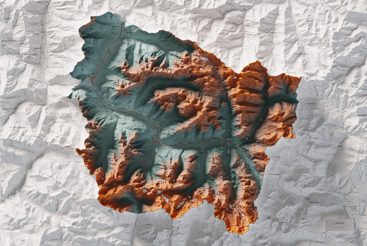 Mapa de relieve de Aran, con el territorio en color y el entorno en blanco. Vista completa de la lámina. 61 × 91 cm. Estilo Azul y naranja. Agua del mapa en blanco.