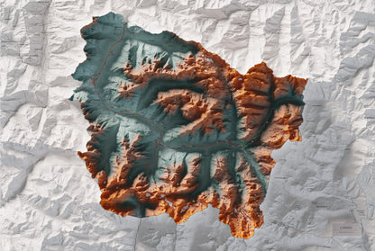 Mapa de relieve de Aran, con el territorio en color y el entorno en blanco. Vista completa de la lámina. 61 × 91 cm. Estilo Azul y naranja. Agua del mapa en blanco.