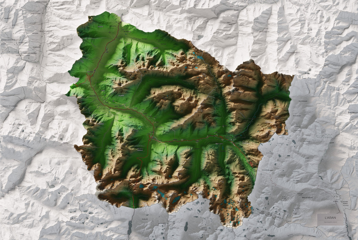 Mapa de relieve de Aran, con el territorio en color y el entorno en blanco. Vista completa de la lámina. 61 × 91 cm. Estilo Clásico.