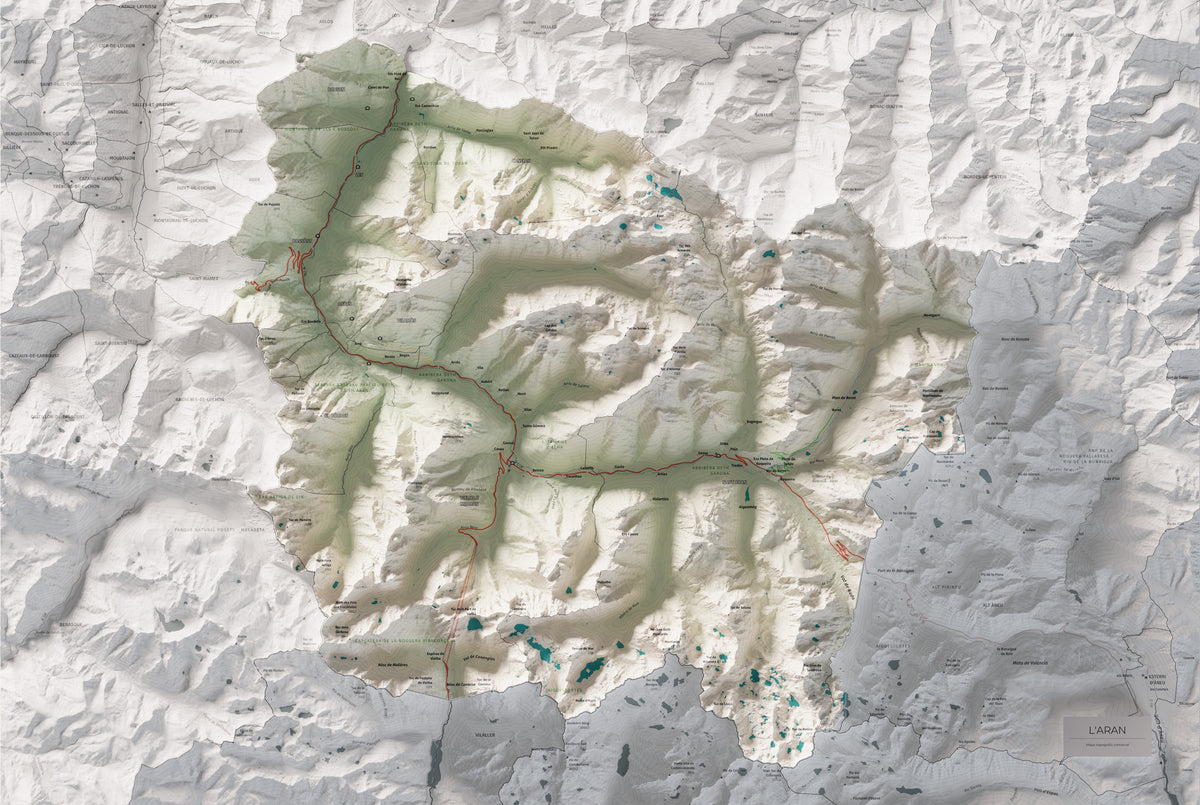 Mapa de relieve de Aran, con el territorio en color y el entorno en blanco. Vista completa de la lámina. 61 × 91 cm. Estilo Cartográfico.