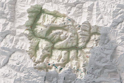 Mapa de relieve de Aran, con el territorio en color y el entorno en blanco. Vista completa de la lámina. 61 × 91 cm. Estilo Cartográfico.