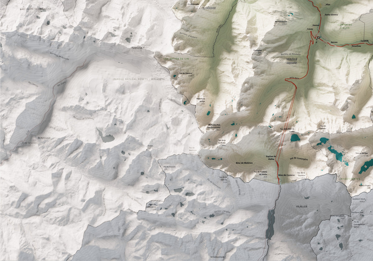 Mapa de relieve de Aran, con el territorio en color y el entorno en blanco. Detalle de la zona inferior izquierda. 70 × 100 cm. Estilo Cartográfico.