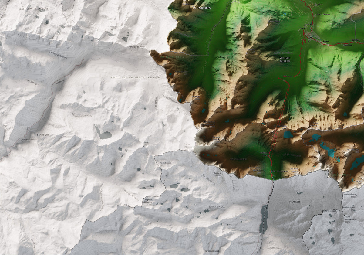 Mapa de relieve de Aran, con el territorio en color y el entorno en blanco. Detalle de la zona inferior izquierda. 70 × 100 cm. Estilo Clásico.