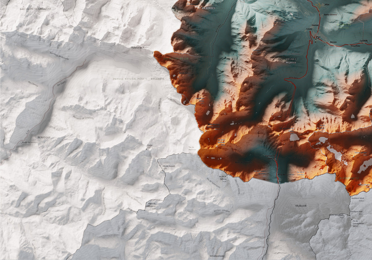 Mapa de relieve de Aran, con el territorio en color y el entorno en blanco. Detalle de la zona inferior izquierda. 70 × 100 cm. Estilo Azul y naranja. Agua del mapa en blanco.
