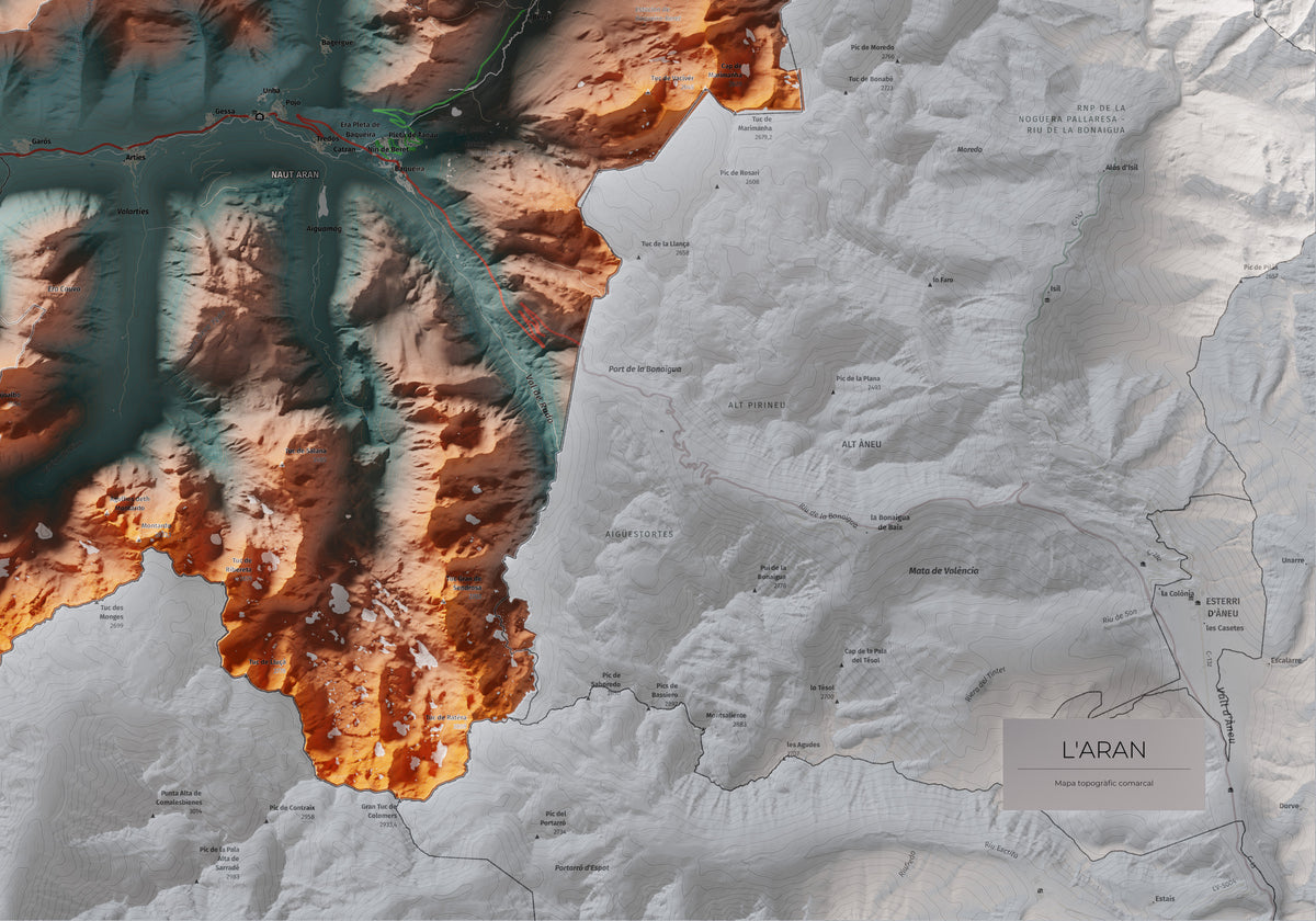 Mapa de relieve de Aran, con el territorio en color y el entorno en blanco. Detalle de la zona inferior derecha. 70 × 100 cm. Estilo Azul y naranja. Agua del mapa en blanco.
