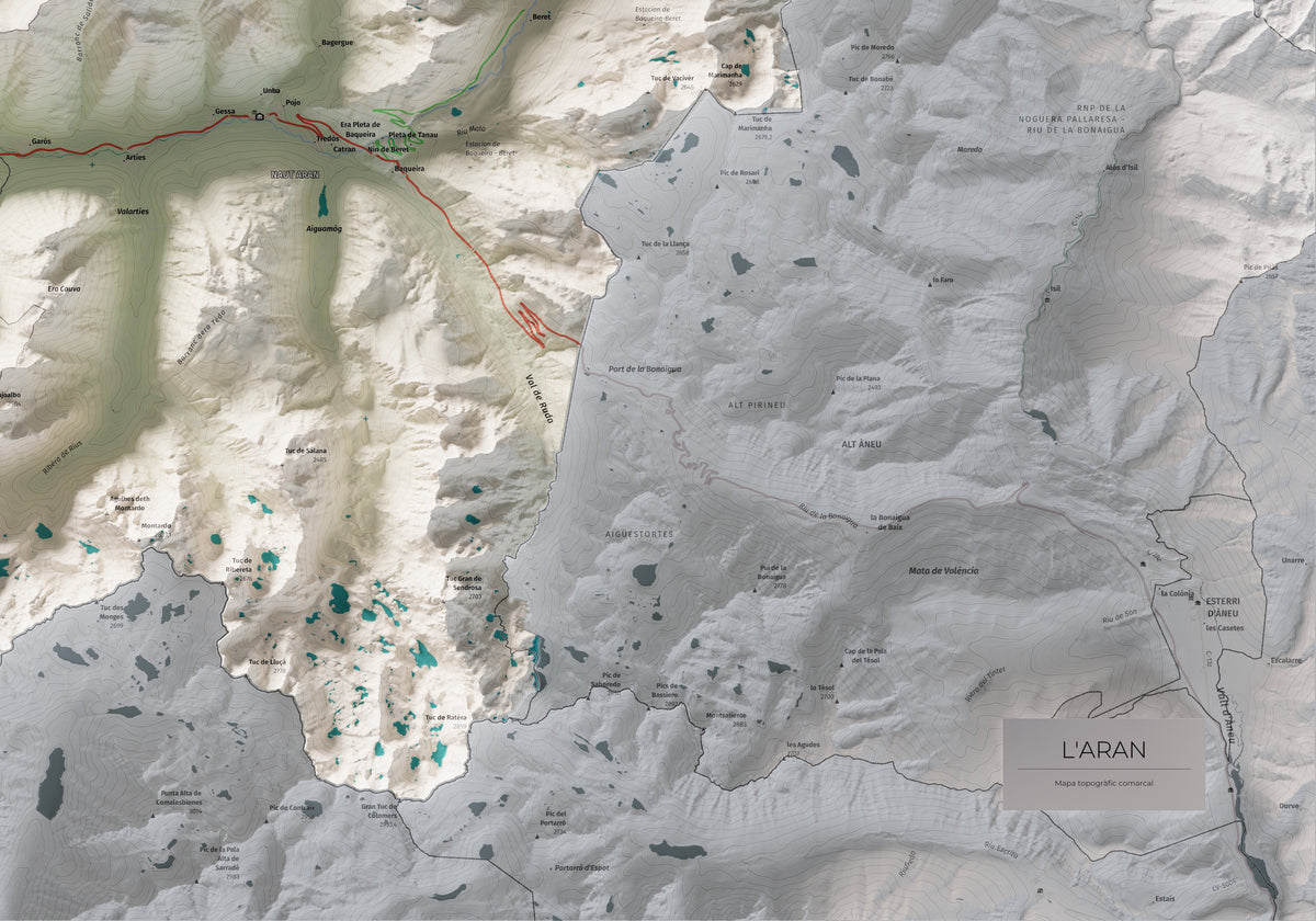 Mapa de relieve de Aran, con el territorio en color y el entorno en blanco. Detalle de la zona inferior derecha. 70 × 100 cm. Estilo Cartográfico.