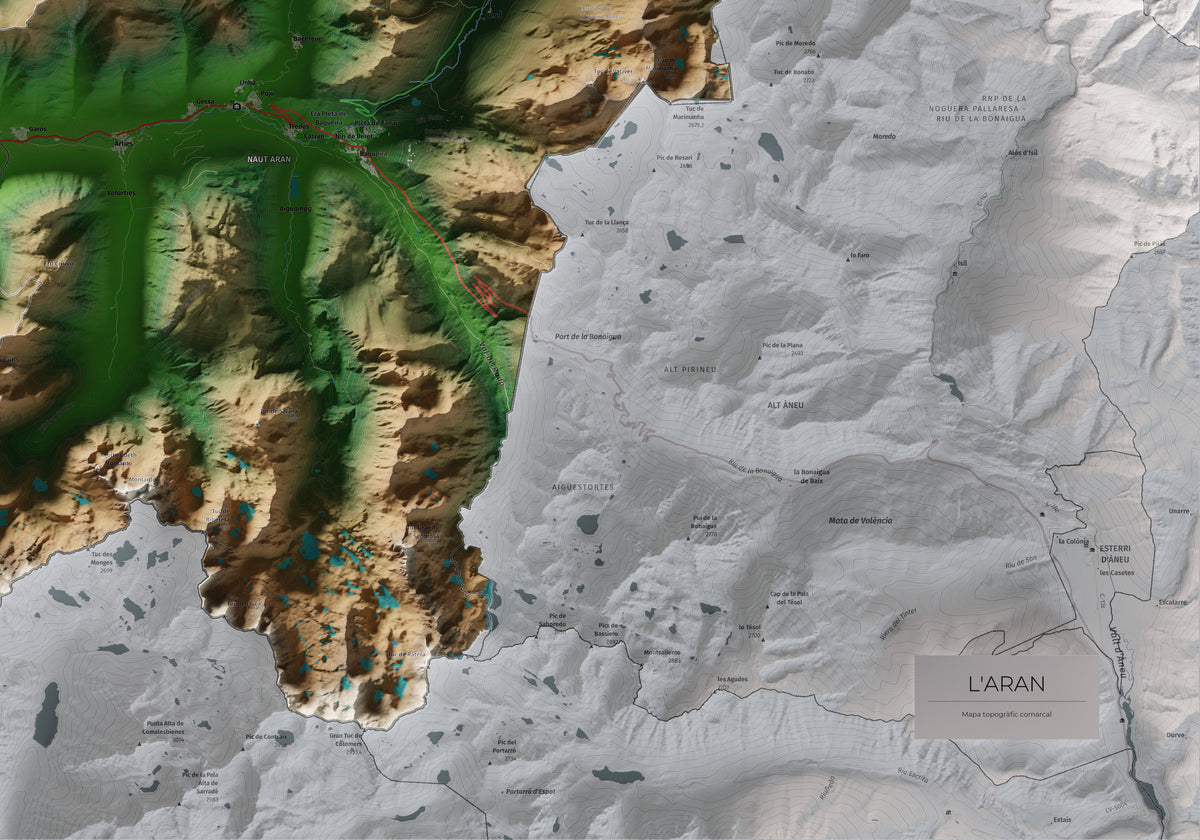 Mapa de relieve de Aran, con el territorio en color y el entorno en blanco. Detalle de la zona inferior derecha. 70 × 100 cm. Estilo Clásico.