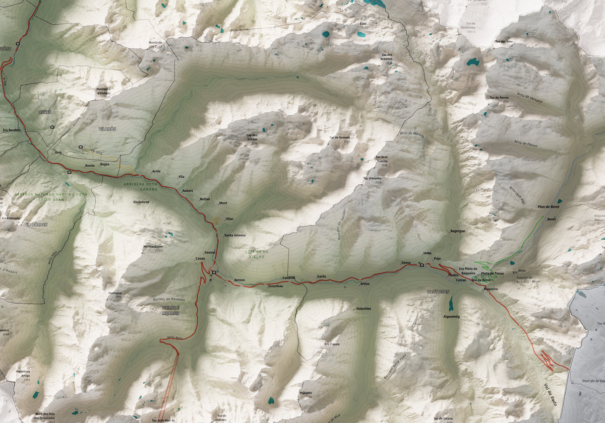 Mapa de relieve de Aran, con el territorio en color y el entorno en blanco. Detalle de la zona central. 70 × 100 cm. Estilo Cartográfico.