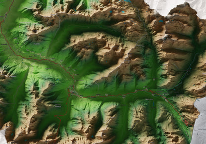 Mapa de relieve de Aran, con el territorio en color y el entorno en blanco. Detalle de la zona central. 70 × 100 cm. Estilo Clásico.