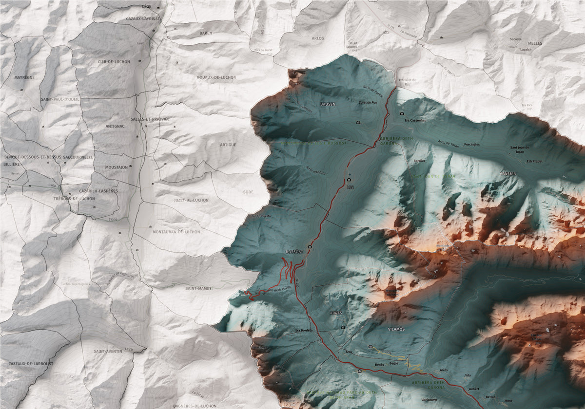 Mapa de relieve de Aran, con el territorio en color y el entorno en blanco. Detalle de la zona superior izquierda. 70 × 100 cm. Estilo Azul y naranja. Agua del mapa en blanco.