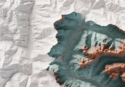 Mapa de relieve de Aran, con el territorio en color y el entorno en blanco. Detalle de la zona superior izquierda. 70 × 100 cm. Estilo Azul y naranja. Agua del mapa en blanco.