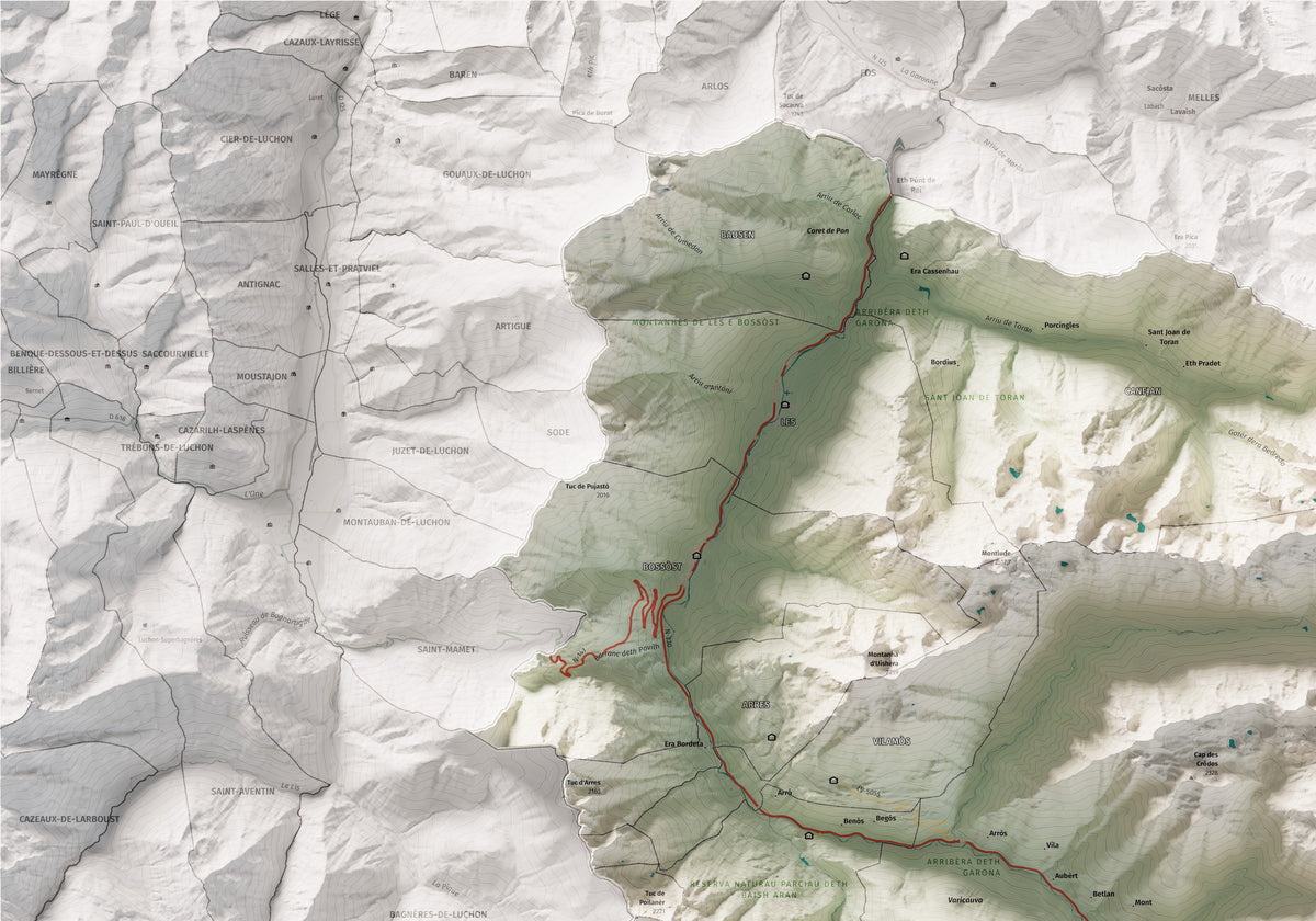 Mapa de relieve de Aran, con el territorio en color y el entorno en blanco. Detalle de la zona superior izquierda. 70 × 100 cm. Estilo Cartográfico.