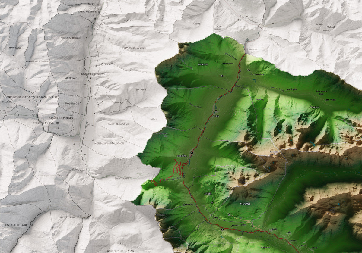 Mapa de relieve de Aran, con el territorio en color y el entorno en blanco. Detalle de la zona superior izquierda. 70 × 100 cm. Estilo Clásico.