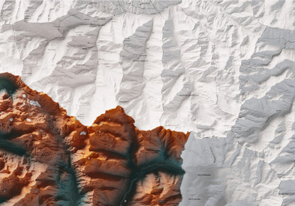 Mapa de relieve de Aran, con el territorio en color y el entorno en blanco. Detalle de la zona superior derecha. 70 × 100 cm. Estilo Azul y naranja. Agua del mapa en blanco.