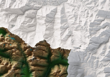Mapa de relieve de Aran, con el territorio en color y el entorno en blanco. Detalle de la zona superior derecha. 70 × 100 cm. Estilo Clásico.