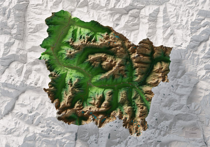 Mapa de relieve de Aran, con el territorio en color y el entorno en blanco. Vista completa de la lámina. 70 × 100 cm. Estilo Clásico.