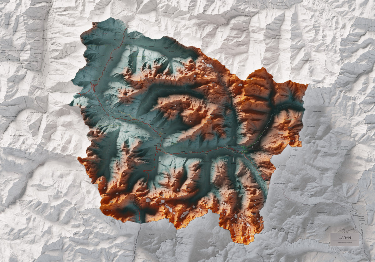 Mapa de relieve de Aran, con el territorio en color y el entorno en blanco. Vista completa de la lámina. 70 × 100 cm. Estilo Azul y naranja. Agua del mapa en blanco.