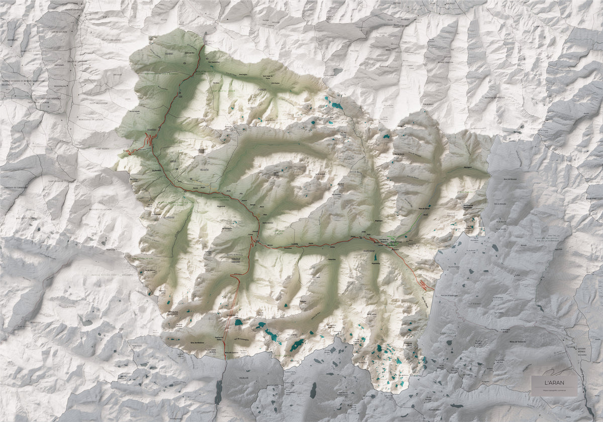 Mapa de relieve de Aran, con el territorio en color y el entorno en blanco. Vista completa de la lámina. 70 × 100 cm. Estilo Cartográfico.