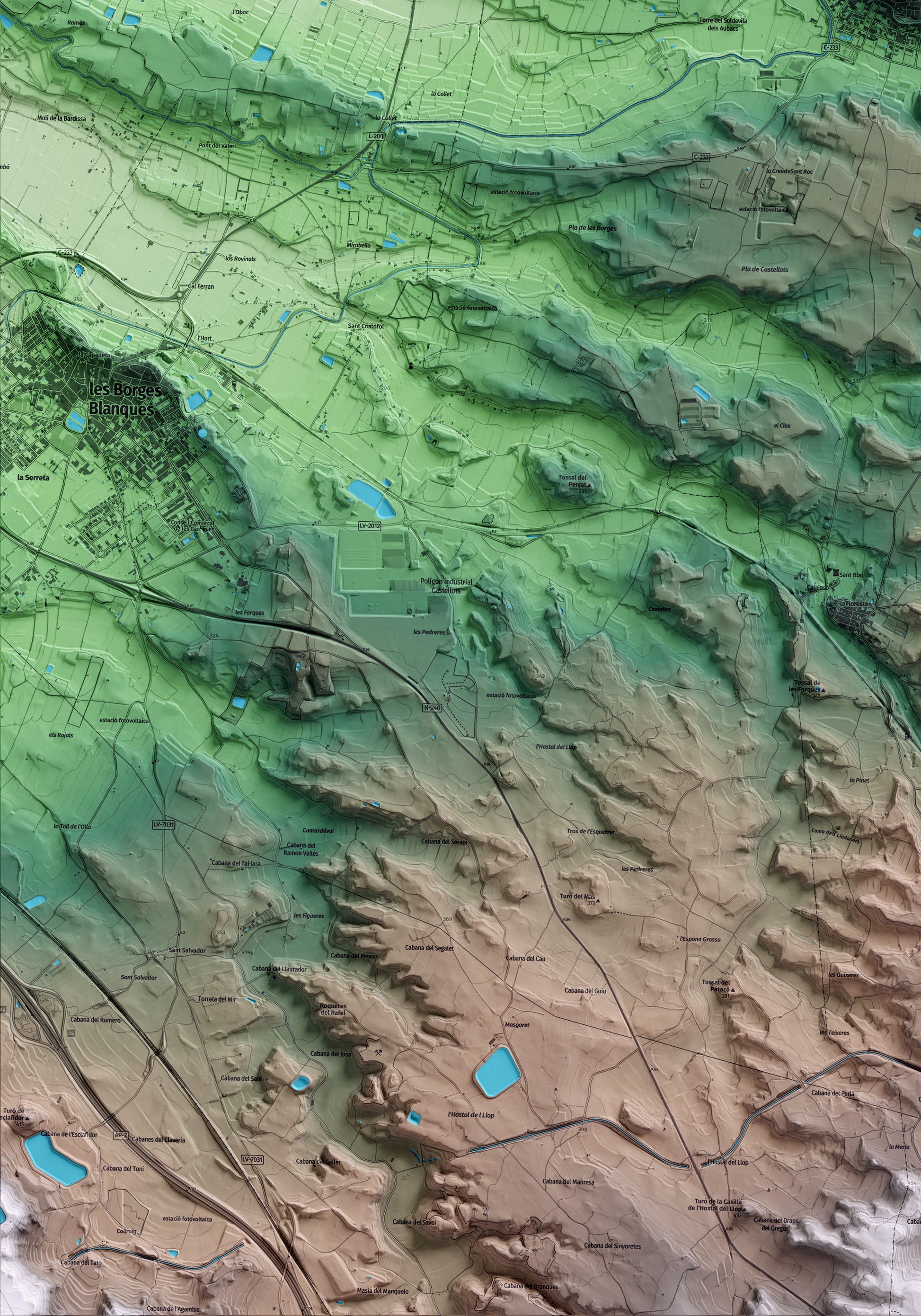 Mapa artístico del relieve de Arbeca, a las Garrigues, con 15 km de entorno y base topográfica ICGC. Detalle de la zona inferior izquierda.