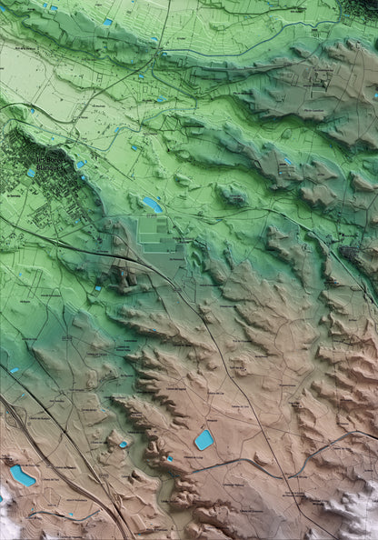 Mapa artístico del relieve de Arbeca, a las Garrigues, con 15 km de entorno y base topográfica ICGC. Detalle de la zona inferior izquierda.