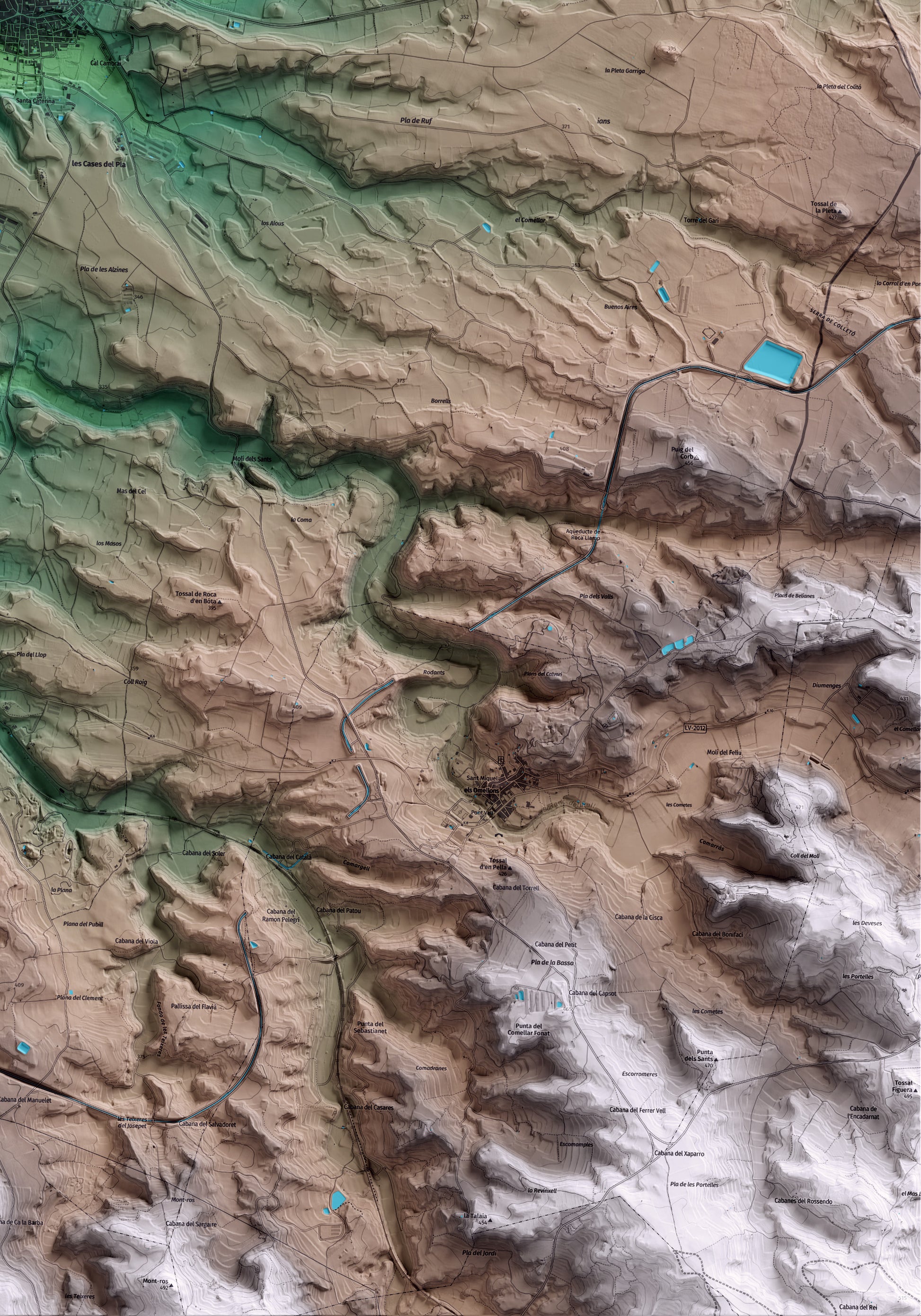 Mapa artístico del relieve de Arbeca, a las Garrigues, con 15 km de entorno y base topográfica ICGC. Detalle de la zona inferior derecha.