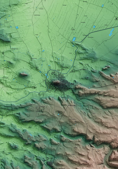 Mapa artístico del relieve de Arbeca, a las Garrigues, con 15 km de entorno y base topográfica ICGC. Detalle de la zona central.