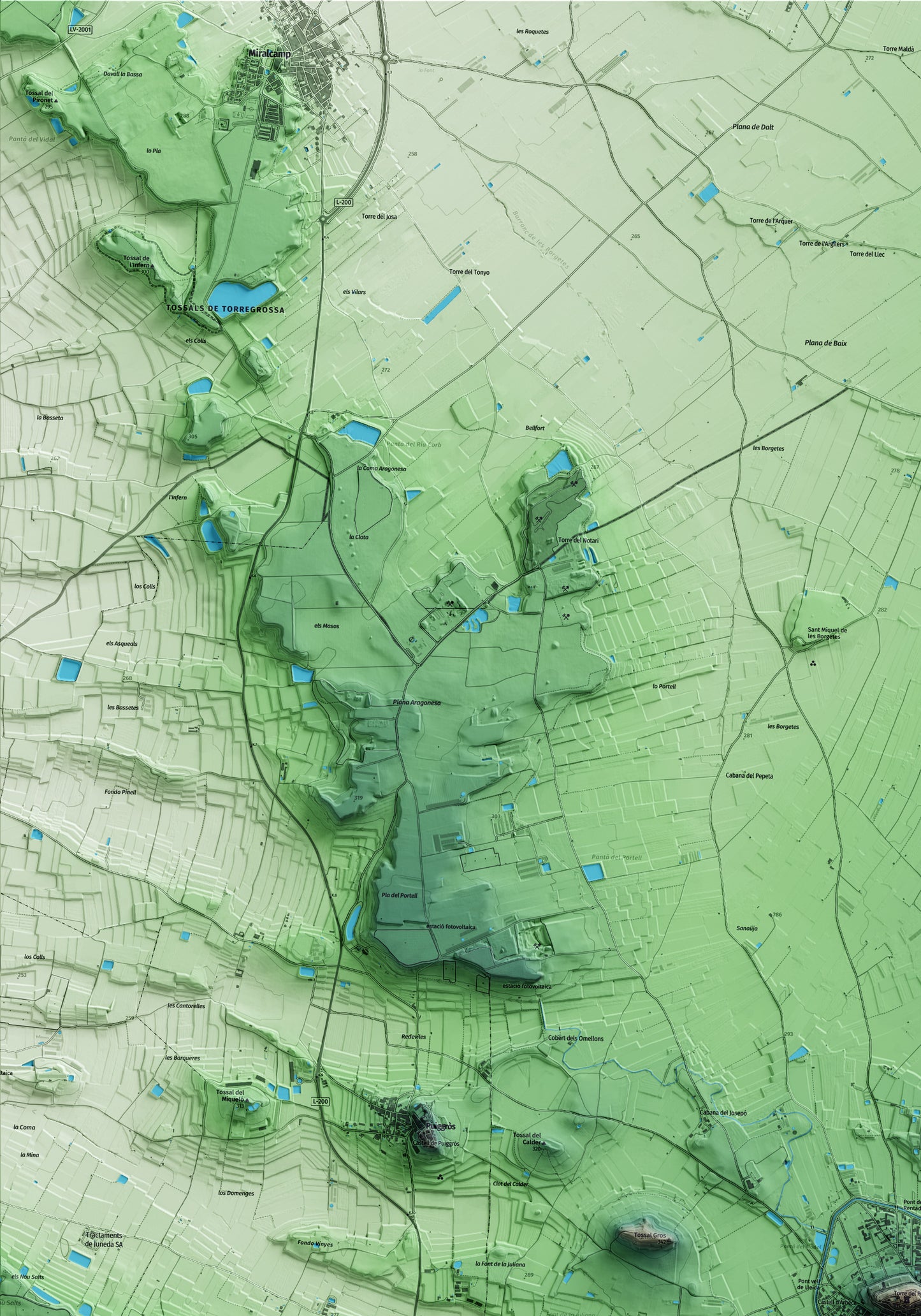 Mapa artístico del relieve de Arbeca, a las Garrigues, con 15 km de entorno y base topográfica ICGC. Detalle de la zona superior izquierda.