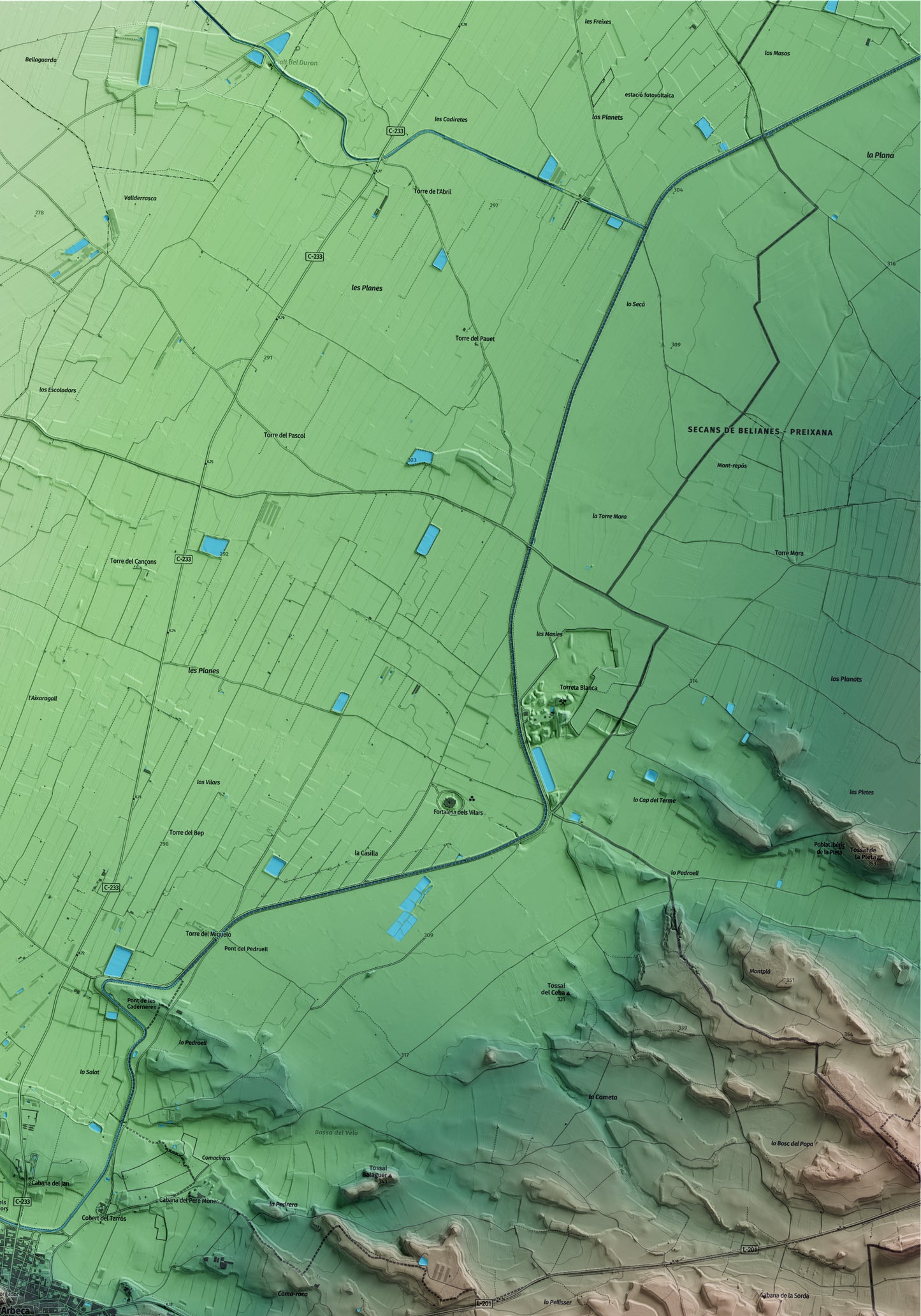 Mapa artístico del relieve de Arbeca, a las Garrigues, con 15 km de entorno y base topográfica ICGC. Detalle de la zona superior derecha.