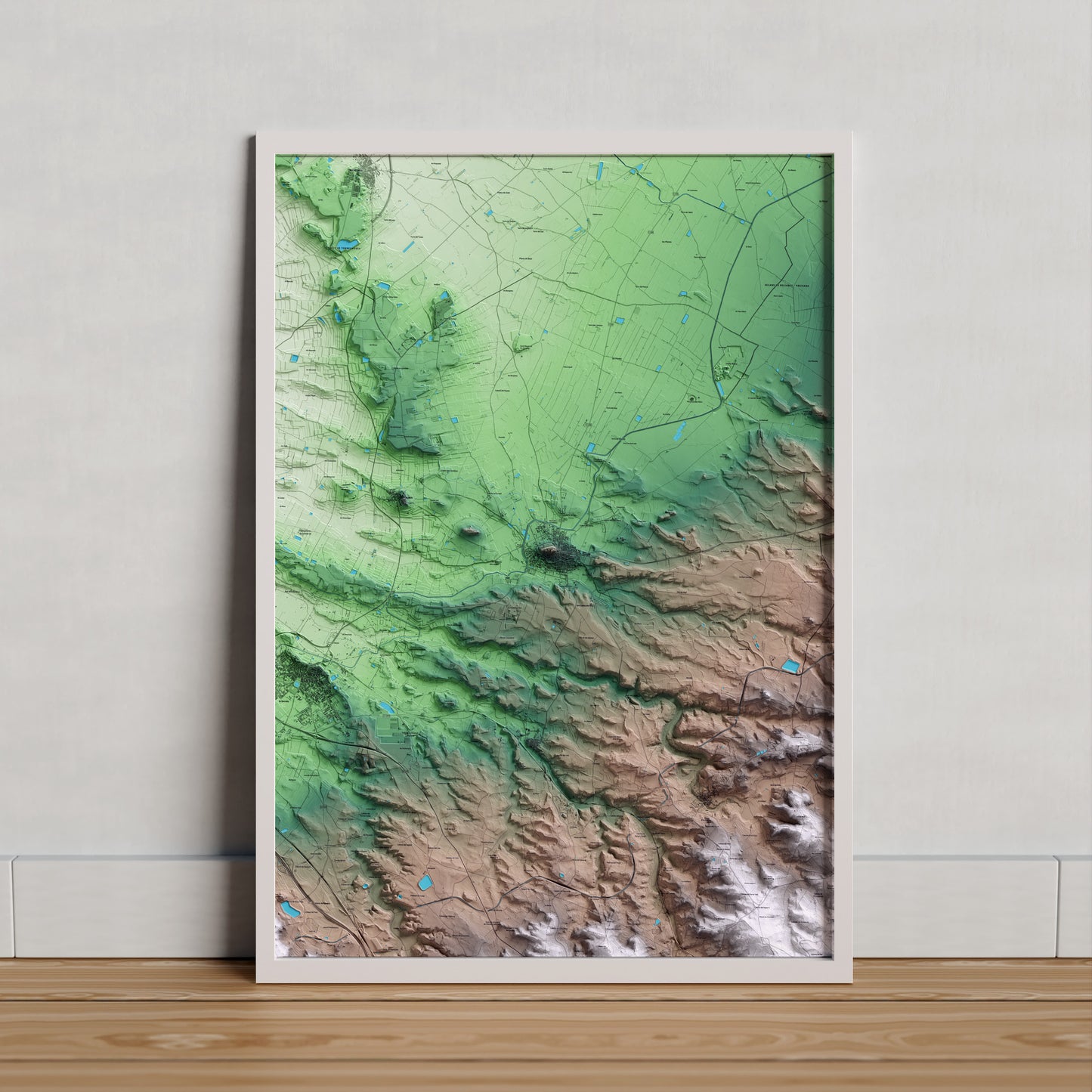 Mapa artístico del relieve de Arbeca, a las Garrigues, con 15 km de entorno y base topográfica ICGC. Presentación enmarcada.