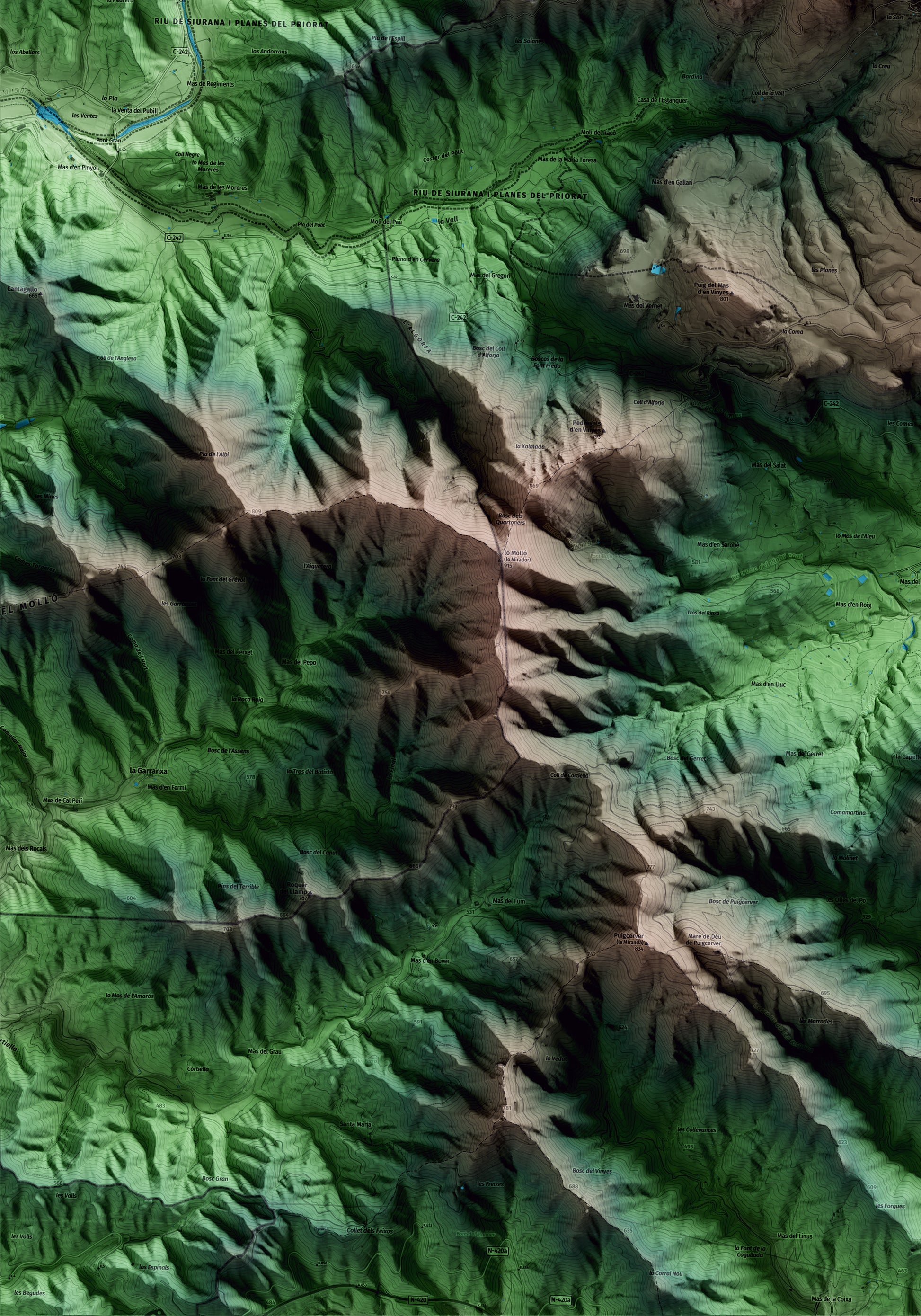 Mapa artístico del relieve de Arbolí, al Baix Camp, con 15 km de entorno y base topográfica ICGC. Detalle de la zona inferior izquierda.