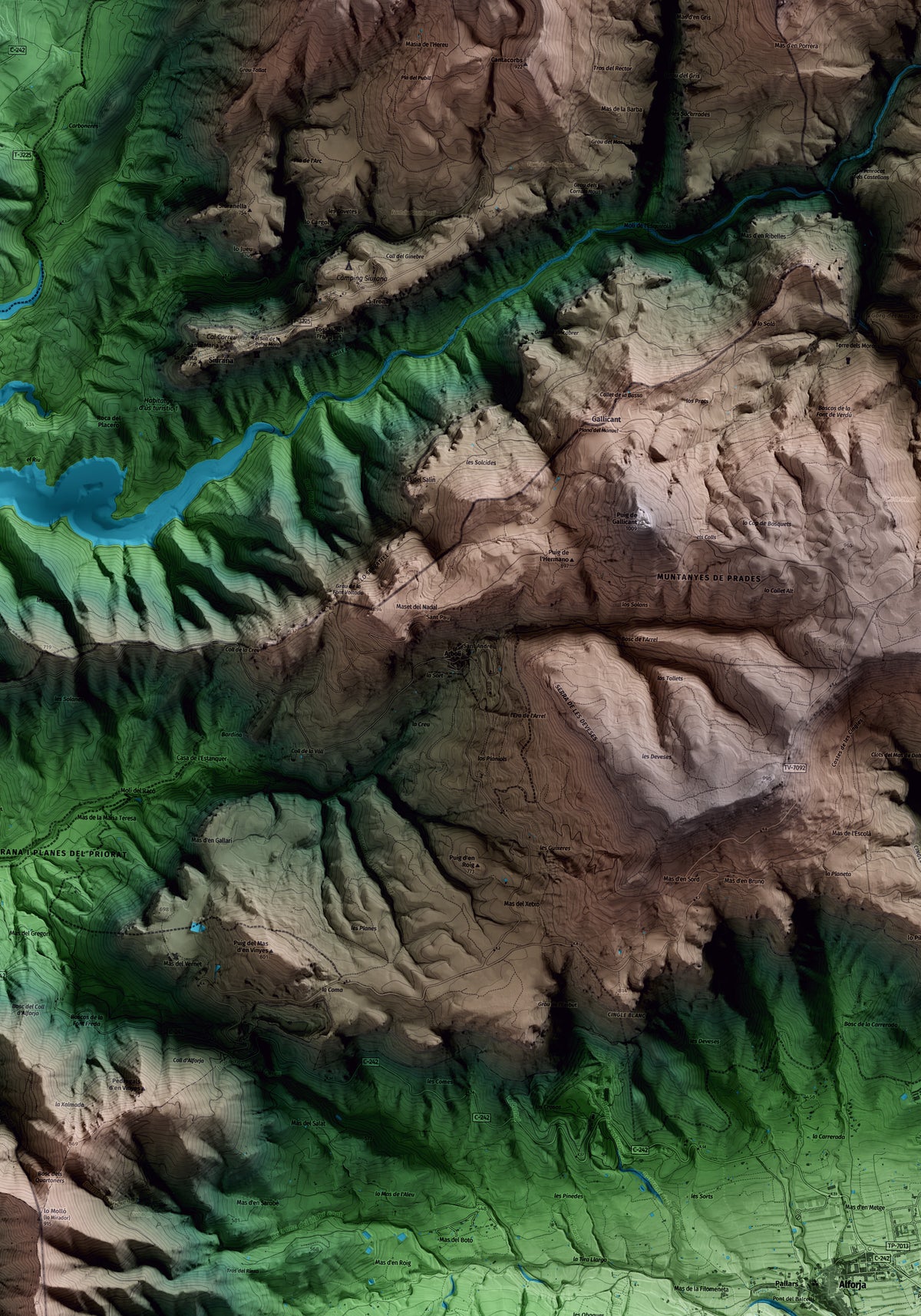 Mapa artístico del relieve de Arbolí, al Baix Camp, con 15 km de entorno y base topográfica ICGC. Detalle de la zona central.