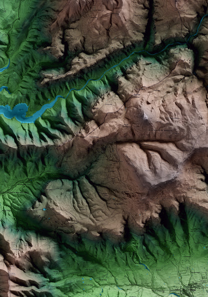 Mapa artístico del relieve de Arbolí, al Baix Camp, con 15 km de entorno y base topográfica ICGC. Detalle de la zona central.